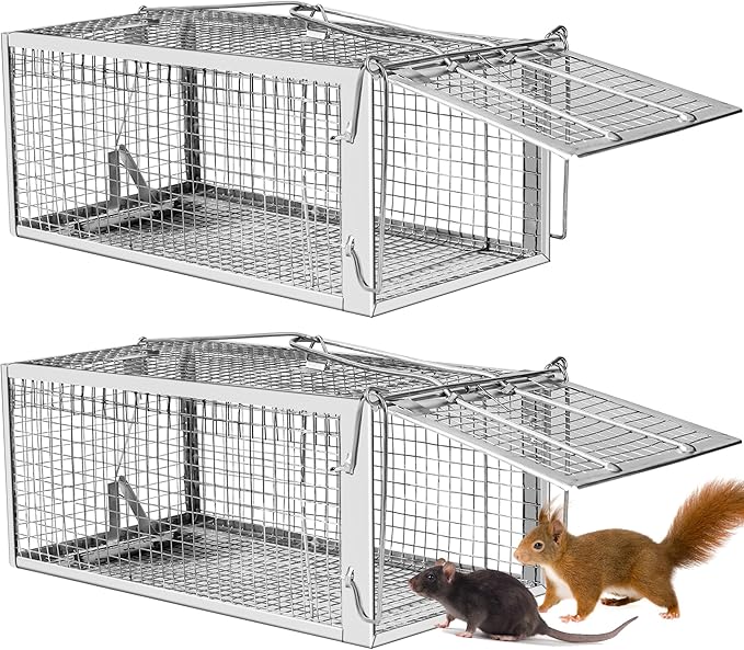 2 Pack Humane Rat Traps - Rodent Trap for Squirrel Mouse Mice, Live Rat Traps Catch & Release for Indoors and Outdoors(12.6''*5.5''*4.7'')