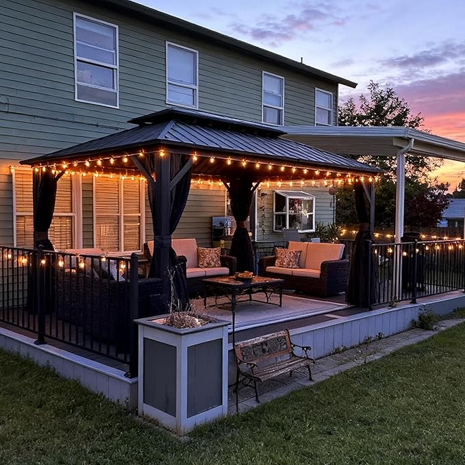 PURPLE LEAF 10'x14' Hardtop Gazebo with Lights Wind-Resistant Galvanized Steel Dual-Layer Double Roof Outdoor Patio Pavilion Including Netting and Privacy Curtains for Lawn Garden Backyard Grey