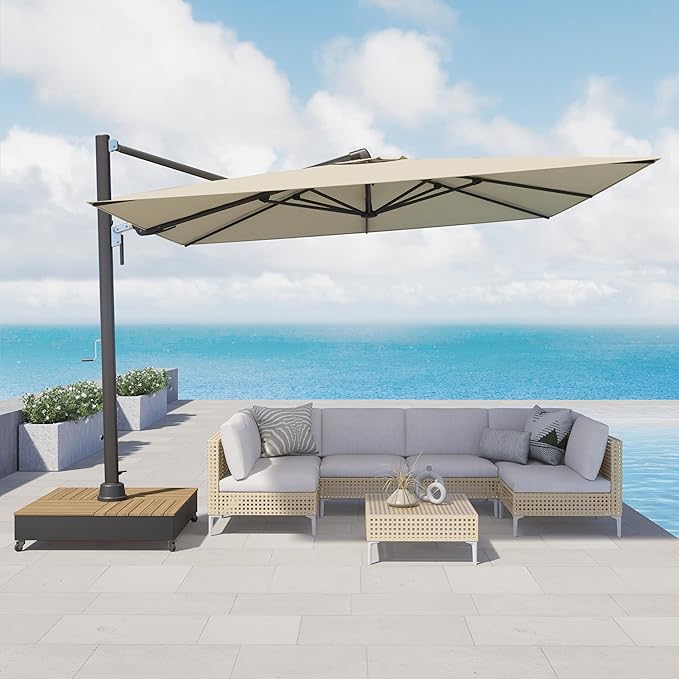 Grand patio 10x13 FT Patio Umbrella with Base, Acrylic Outdoor Cantilever Aluminum Umbrellas, Rectangular Offset Umbrellas with Cover for Poolside, Deck, Backyard, Black Umbrella Pole