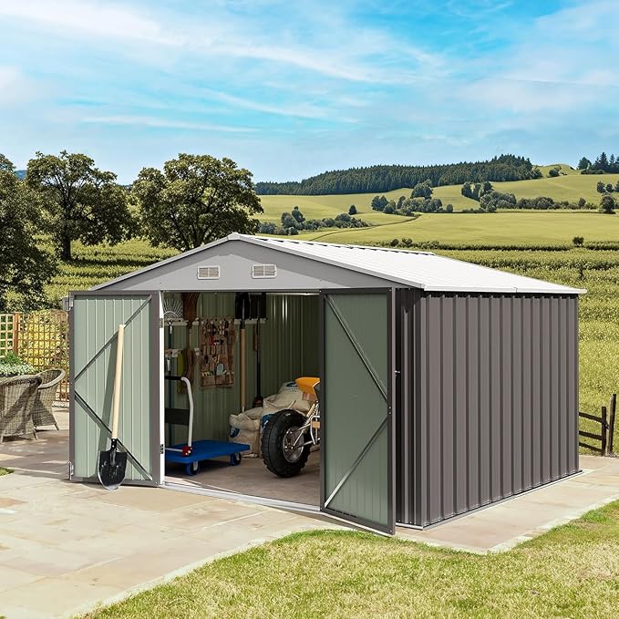 Furniwell 10x10 FT Outdoor Storage Shed, Metal Garden Sheds Outdoor Storage House with Single Lockable Door for Backyard Patio Lawn, Gray