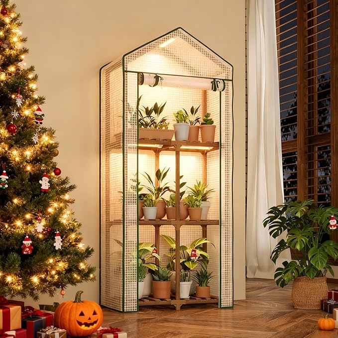 Bamworld Mini Greenhouse with Grow Light Plant Stand for Mutiple Pots Outdoor 3-Tierd Reusable Portable Warm House with PE Cover Compact Patio Boho Home Decor