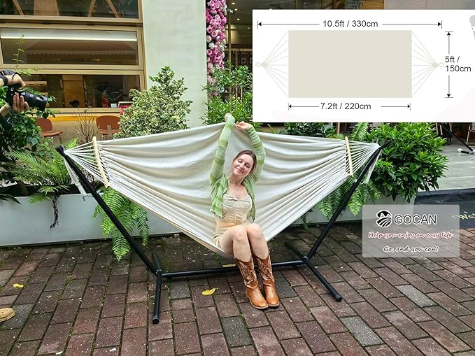 GOCAN Double Hammock 2 Person Extra Large 220x150cm Total Length 330cm Load 500lb Canvas Cotton Hammock for Patio Porch Garden Backyard Lounging Outdoor and Indoor with Removable Spreader bar