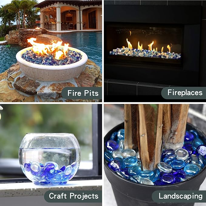Mr. Fireglass 10 Pound Blended Fire Glass Beads, 1/2" High Luster Mixed Colored Fire Glass Drops for Fireplace Fire Pit & Lanscaping, Cobalt Blue, Crystal Ice, Caribbean Blue