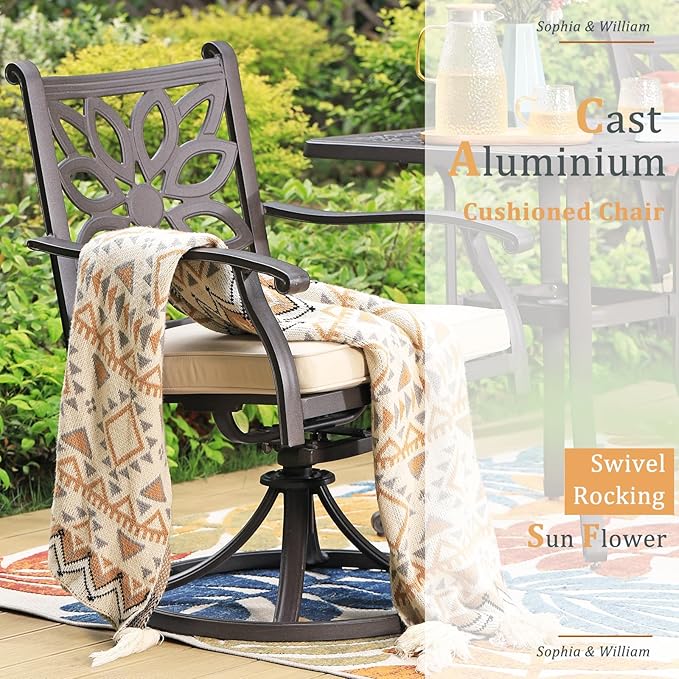 Sophia & William Patio Outdoor Swivel Rocker Dining Chairs Set of 2, Brown Cast Aluminum Furniture Dining Chairs for Dining Table, Load Capacity: 350 lbs