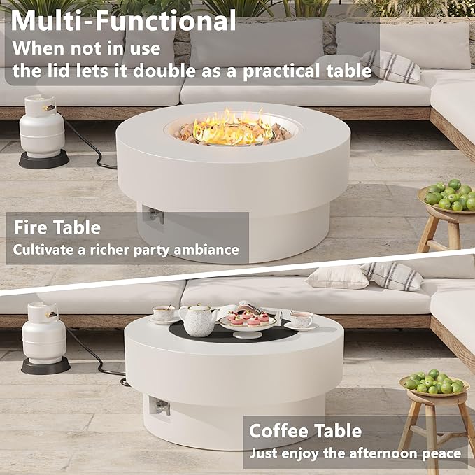 32 inch Outdoor Propane Fire Table, Round Patio Fire Pit Table, 50,000 BTU Gas FirePit with Lid, Cover, Lava Rocks, CSA Certified, White