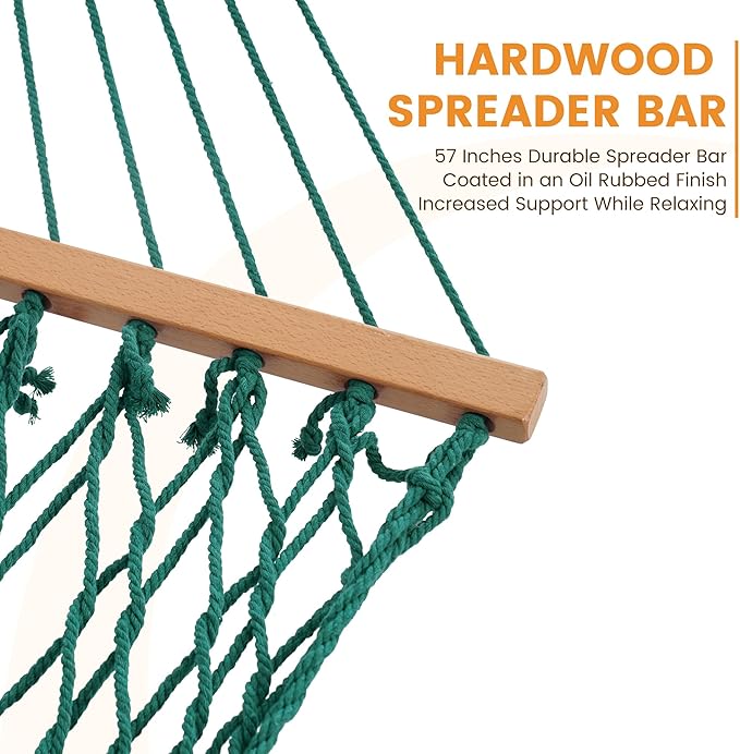 Lazy Daze Hammocks 12FT Double Rope Hammocks, 2 Person Hand Woven Cotton Hammock with Spreader Bar for Outside, Patio, Poolside, FIT 13-15 Foot Stand, Max 450 Lbs, Green, 141 x 57 inches