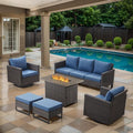 6 Piece Wicker Patio Furniture with Fire Pit Table - Outdoor Conversation Set with 50,000 BTU Fire Pit, All Weather Rattan Patio Set for Deck Backyard Garden - Brown Wicker Blue Cushion
