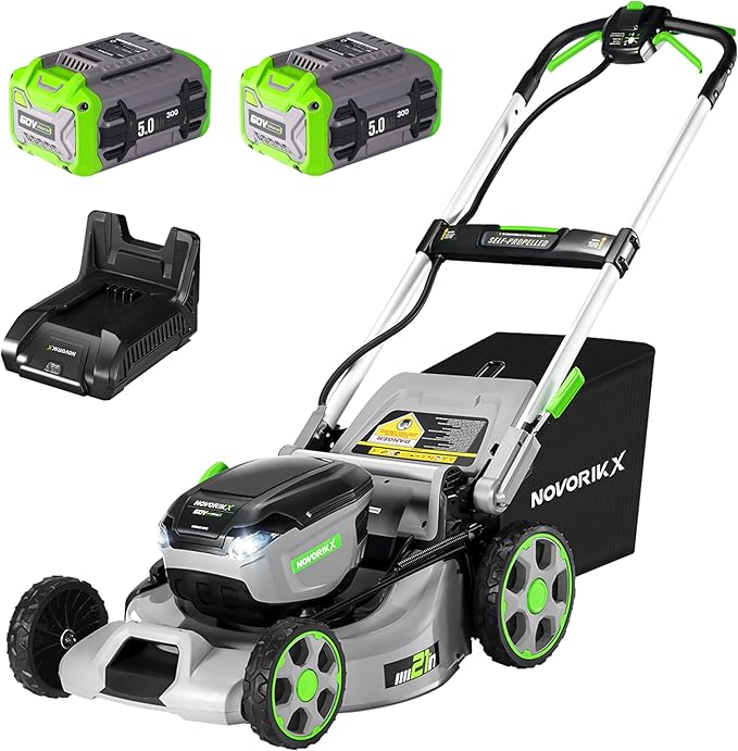 60V Self-Propelled Lawn Mower 21-Inch, Brushless Cordless Mower for Large Yards, Electric with LED Headlight, 2X5.0Ah Battery & Rapid Charger