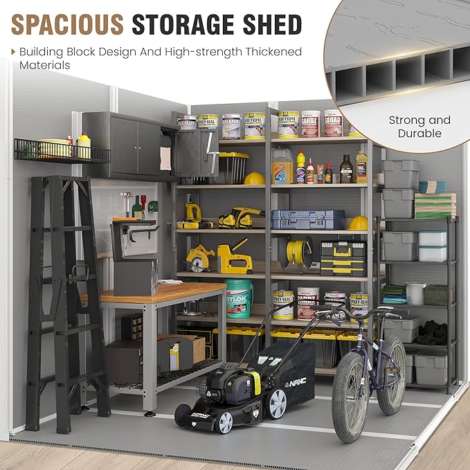 Amopatio 8x6 FT Storage Shed, Resin Outdoor Shed with Floor Included, Plastic Sheds Outdoor Storage for Bike, Garden Tools, Sheds & Outdoor Storage with Lockable Door, Window & Vents, Grey & White