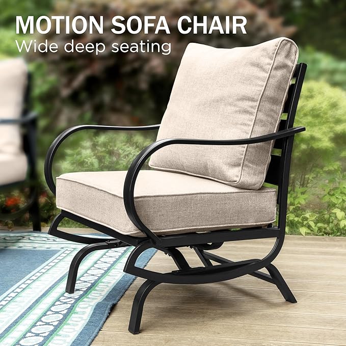 PHI VILLA 6 Piece Patio Furniture Sets with 1x 3-Seat Deep Seating Bench Sofa, 2 C-Base Sofa Chairs, 2 Metal Cushioned Ottoman and & 1 Coffee Table, Deluxe Outdoor Patio Set for 5-7 Person