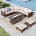 MFSTUDIO 9 Pieces Wicker Patio Furniture Set with 56" Fire Pit Table, Outdoor Conversation Half-Moon Sectional Sofa Set, 2 x Curved Sofa, 2 x Armless Sofa, 2 x Ottoman, 2 x Corner Chair(Beige Cushion)