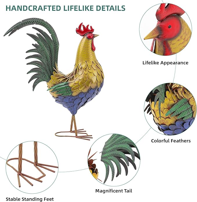 Ultym 32" Metal Rooster Decor, Large Outdoor Garden Statues, Metal Chicken Sculpture for Backyard Patio Kitchen Decor