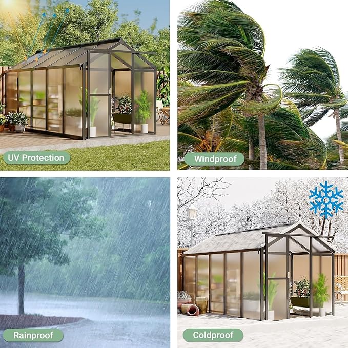 Greenhouse, 6x10 Ft Outdoor Greenhouses, Accessible Green House with Roof Vents and Sliding Doors, Aluminum Frame Polycarbonate Greenhouses, Large Greenhouse for Outdoor Gardens and Backyards, Green