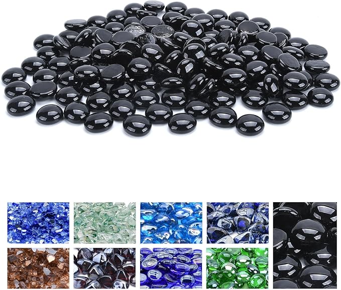 GasSaf Blue Fire Glass Beads for Outdoor Fire Pit, Fireplace, Replaces Existing Gas Logs & Lava Rocks, 3/4 Inch Glass(10 Pound)(Onyx Black)