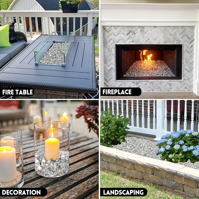 GasSaf 1/4 Inch Fire Glass Reflective Tempered Fireglass Cut Crushed FireGlass for Fire Pit, Fireplace, Replaces Existing Gas Logs & Lava Rocks (10 Pound)(Crystal Ice Reflective)