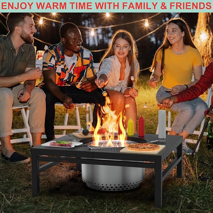 45 Inch Fire Pit Surround Tabletop for Solo Stove Yukon/Bonfire/Tiki Accessories, Smokeless Fire Pit Table & Dust Cover for Solo Stove and Other Wood Burning, Powder-Coated Steel Stove Table Surround
