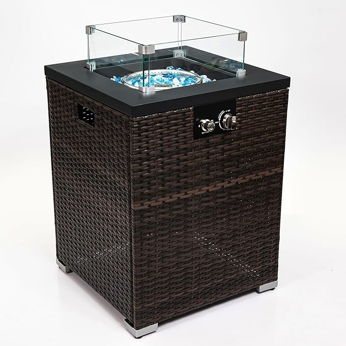 GDFStudio 22" Outdoor Propane Gas Fire Pit Table, 40,000 BTU Square Patio Heater with Wicker Base, Glass Wind Guard & Rain Cover, Small Outdoor Firepit for Garden Deck Backyard, Dark Brown