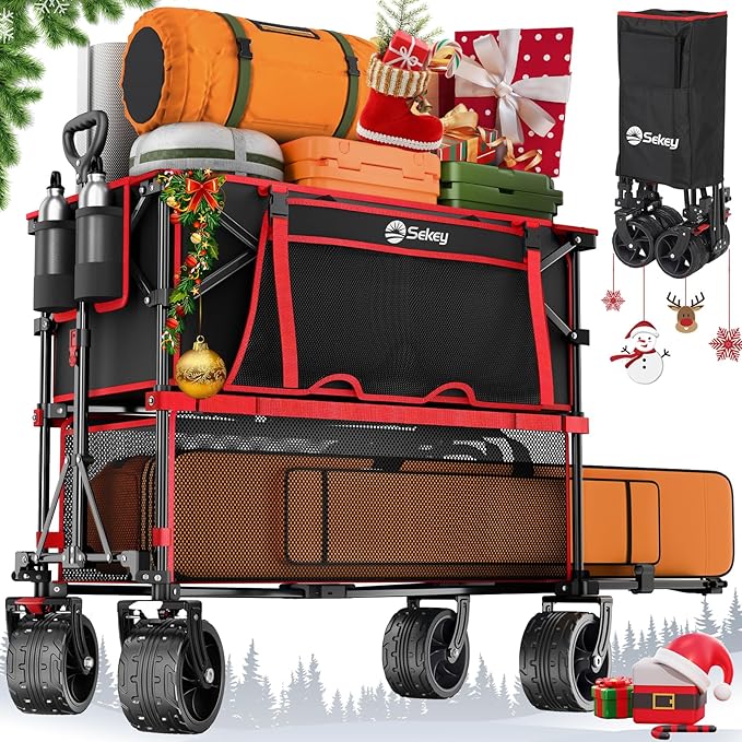 400L Large Capacity Folding Double Decker Wagon with Brakes, 48" Extra Long Extender Cart, 500lbs Heavy Duty Collapsible Wagons, All-Terrain Big Wheels for Camping, Sports, Shopping. Red&Black