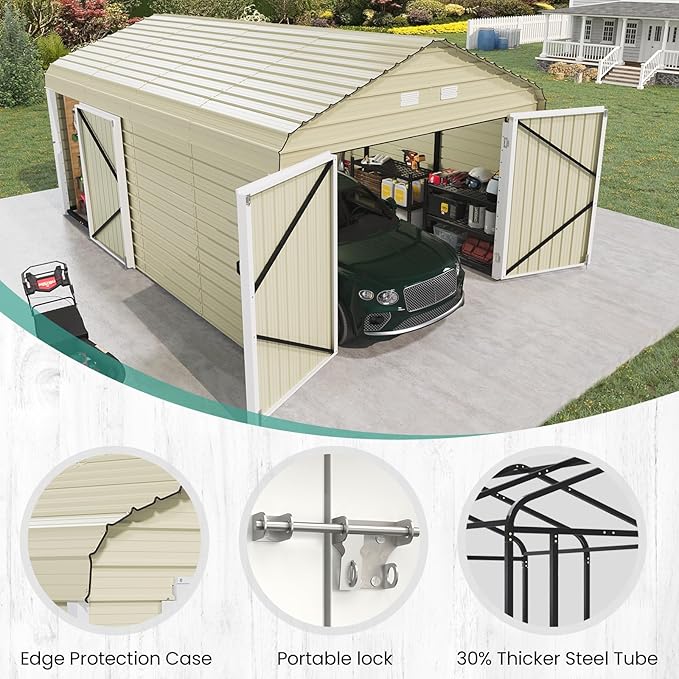 EROMMY 12x20 FT Heavy Duty Carport - Galvanized Steel Frame Car Shelter with Reinforced Base, Enclosed Storage Shed for Cars & Trucks, Gray