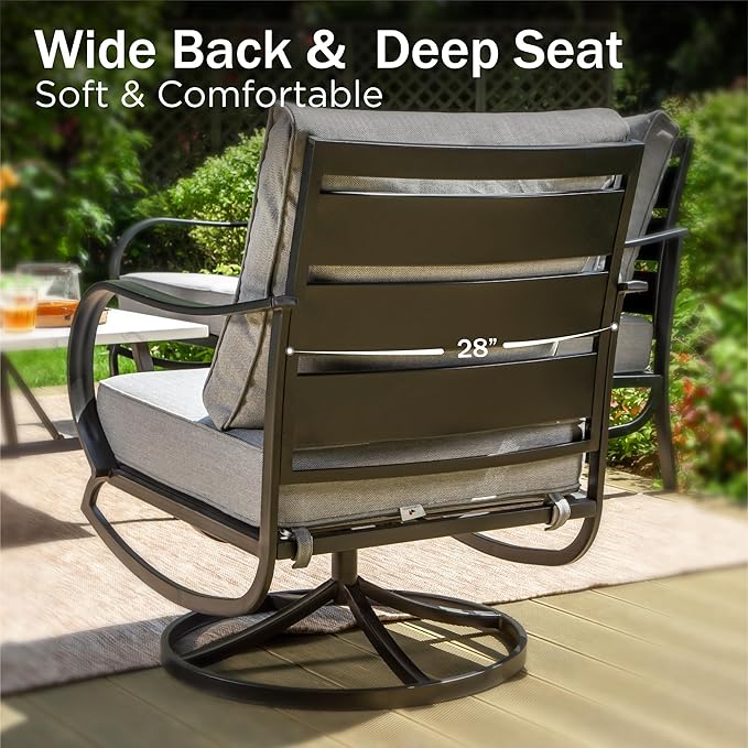 PHI VILLA 5 Piece Patio Furniture Set with 28" Firepit Table, 4 Outdoor 5.75" Cushioned Metal Frame Swivel Sofa Chairs & 28" Gas Firepit Table, Outside Furniture Set for Lawn Garden(Grey)