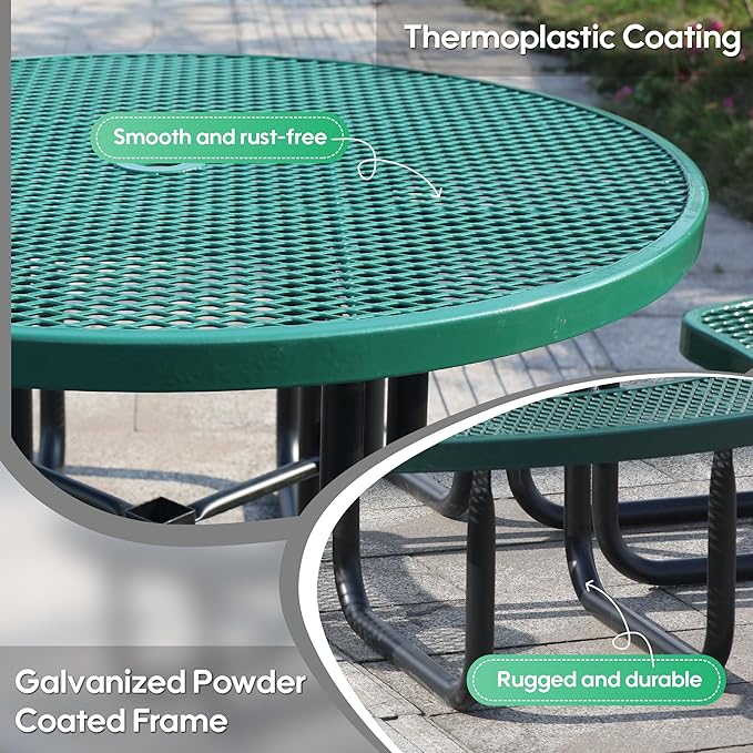 Sunnibety 8-Person Picnic Tables for Outdoors, Industrial 46" Expanded Metal Round Picnic Table with 4 Benches & Umbrella Hole, Outside Table and Bench Set for Park, Garden, Backyard, Patio, Green