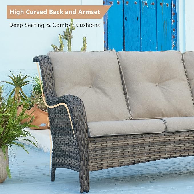 HUMMUH 3 Piece Patio Furniture Set All Weather Wicker Outdoor Sectional Sofa Manual Weaving Rattan High Curved Back Patio Couch with Ottomans