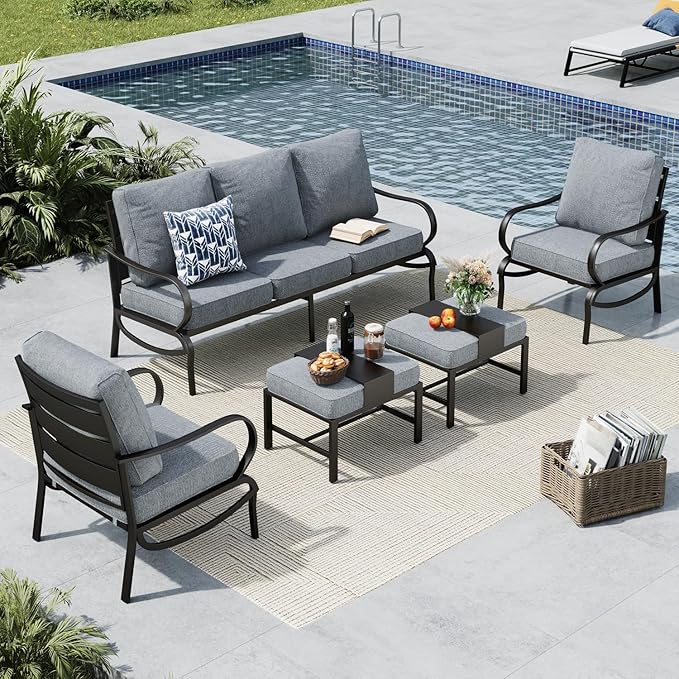 MFSTUDIO 5 Pieces Patio Conversation Sets, 7 Seats Metal Patio Furniture Sets with 1 x 3-Seat Sofa, 2 x Sofa Chairs, 2 x Ottoman, All Weather Steel Patio Sets with 5.75inch Grey Cushion for Garden