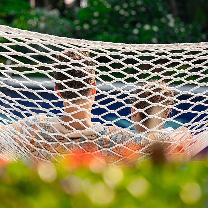 Lazy Daze Hammocks 12FT Double Rope Hammocks, 2 Person Hand Woven Cotton Hammock with Pillow and Spreader Bar for Outside, Patio, Poolside, FIT 13-15 Foot Stand, Max 450 Lbs, Natural, 141 x 57 inches