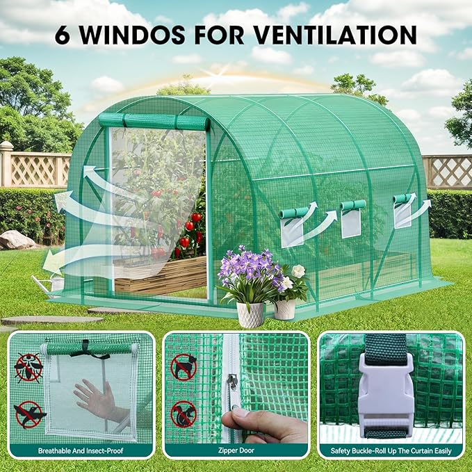 Grezone Walk-in Greenhouse Upgraded Green House with Dual Zippered Screen Doors & 6 Screen Windows Heavy Duty Plastic Plant Warm House with Reinforced Frame (10x7x7 FT)