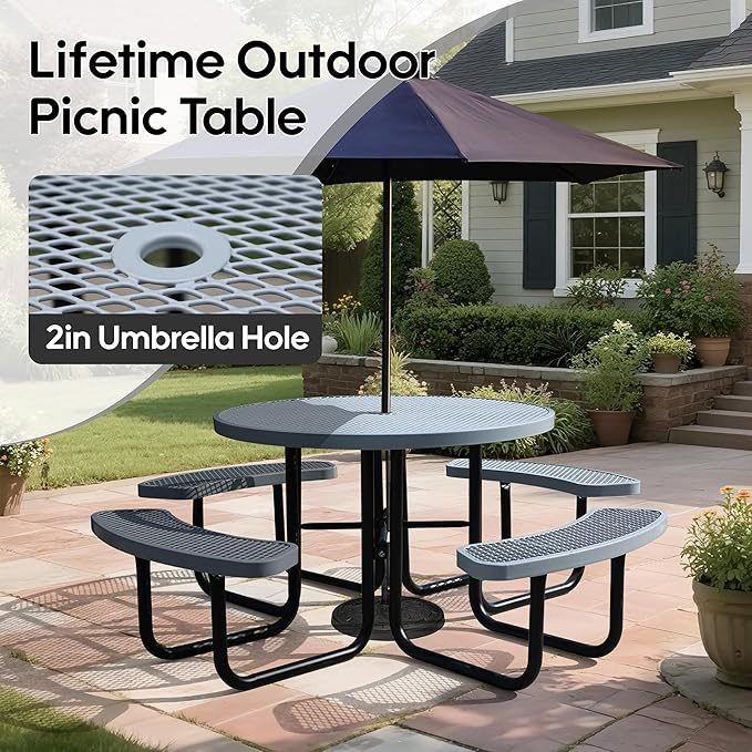 8-Person Outdoor Picnic Tables,46" Heavy-Duty Metal Round Picnic Table,Expanded Metal Commercial-Grade Table with 4 Benches & Umbrella Hole,Waterproof Coating Beach Table for Patio,Garden, Backyard
