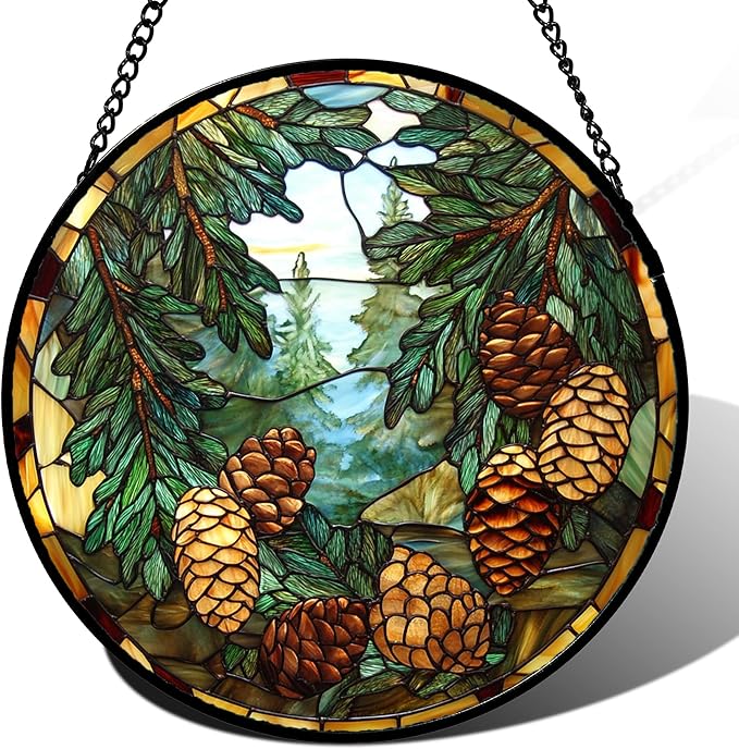 QZQCBLC Stained Glass Window Hanging Forest Pine Cone Landscape 6.3" - Green Suncatcher Door Terrace Garden Sun Catcher Home Decor Birthday Christmas for Mom Men Woman Wife