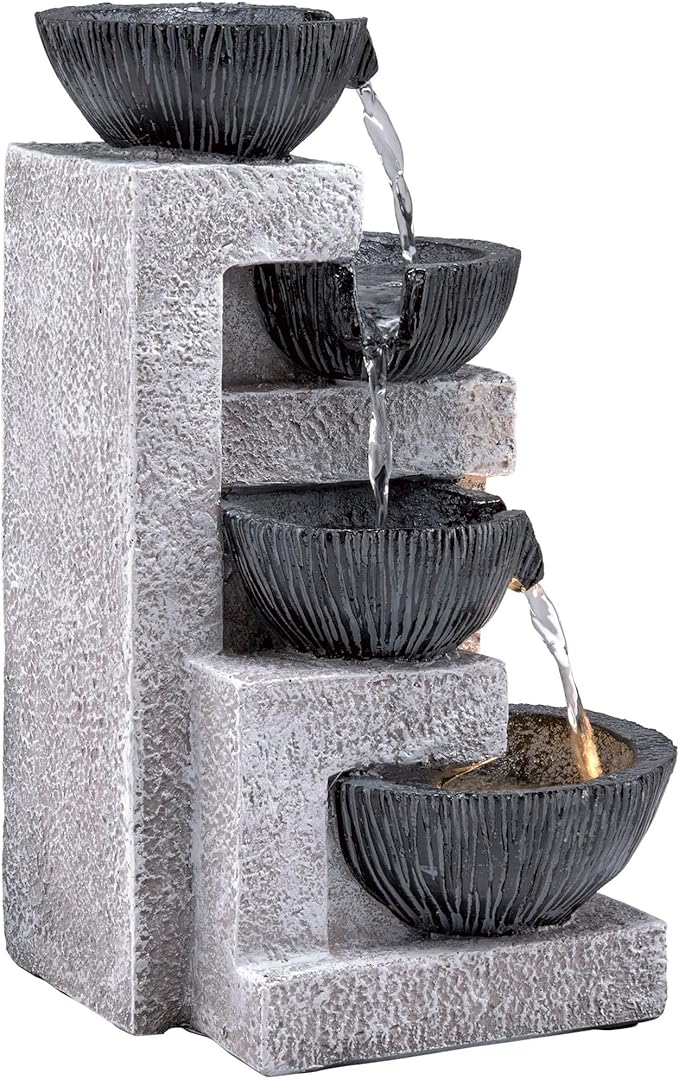 Alpine Corporation WIN1578 14" Cascading Tabletop Bowl Fountain with LED Lights – Elegant Water Fountain for Home, Office, Living Room, Bedroom, and Desk, Gray