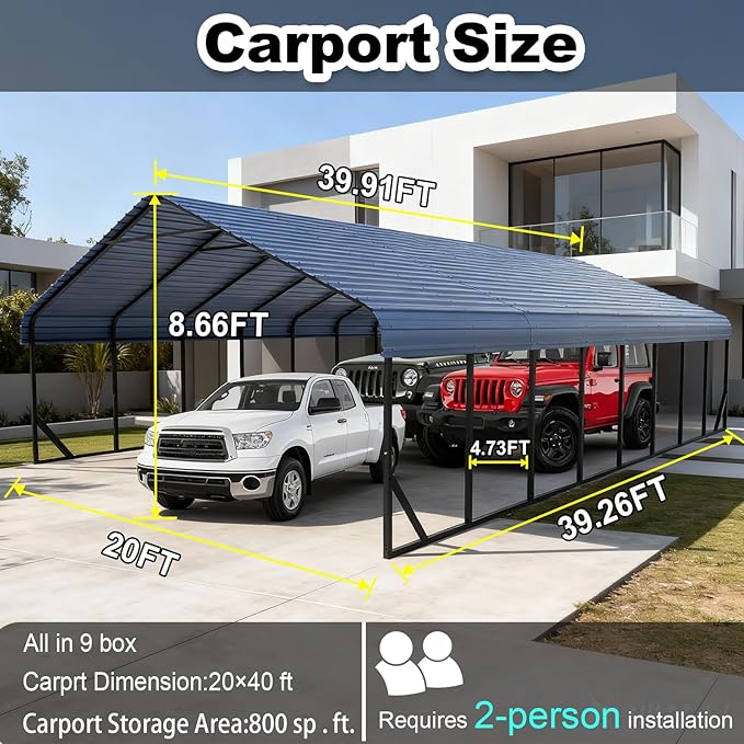 20x40 ft Metal Carport & Portable Garage, Heavy Duty with Galvanized Steel Roof & Frame - Large Tall Carports Canopy for Snow, Grey for Outdoor Garages