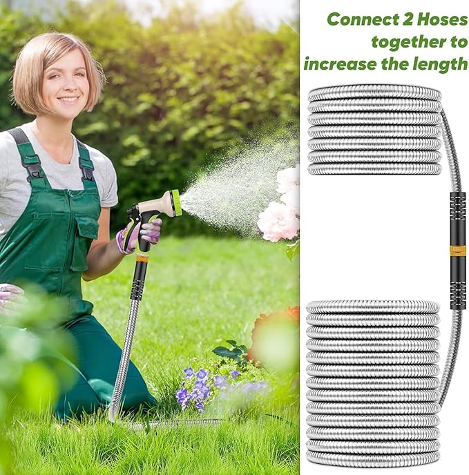 Garden Hose 175ft, Stainless Steel Heavy Duty Water Hose with 10 Function Nozzle Flexible, Lightweight, No-Kink, Pet Proof, Puncture Proof Metal Hose for Yard, Outdoor