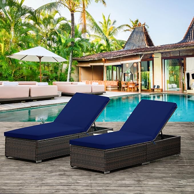 Chaise Lounge Cushions Outdoor Set of 2 - Waterproof and Fade Resistant Sun Lounger Replacement Cushions - Patio Lounger Pads with Removable Cover for Pool, Deck, 80 x 26 x 3 Inch, Navy