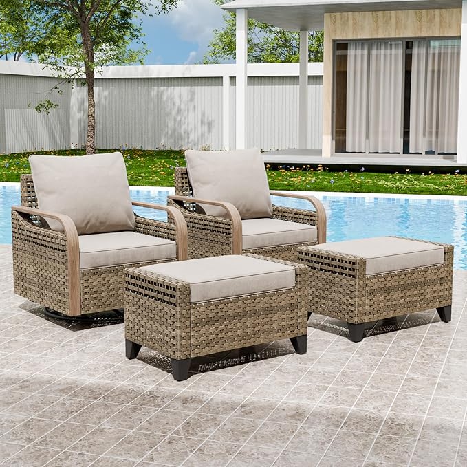 EAGLE PEAK Modern Wicker Outdoor Glider Rocking Chair, Swivel Rocker, Rattan Patio Furniture for Yard Deck Porch Garden, 2 Chairs 2 Ottomans, 4 Piece, Brown/Gray