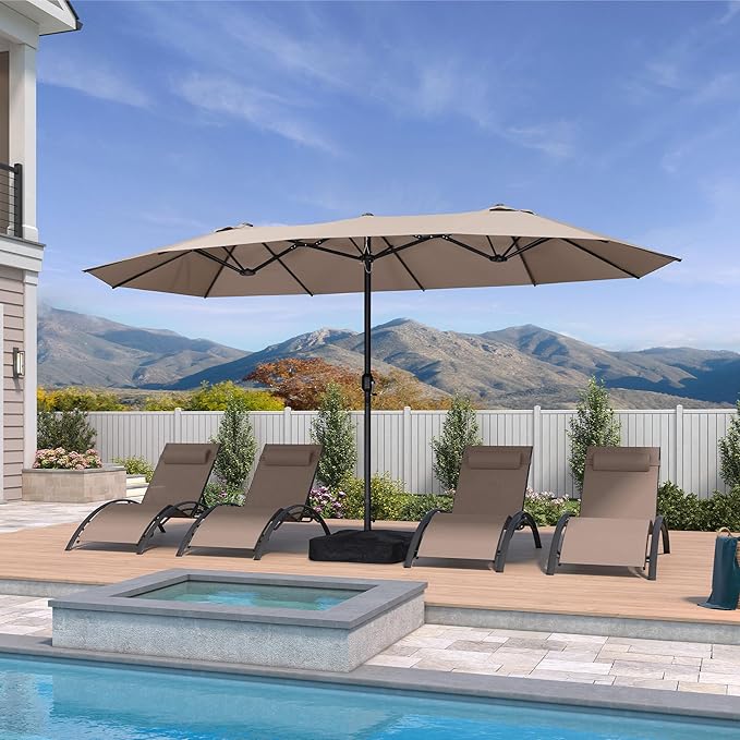 PURPLE LEAF 14ft Patio Market Umbrella with Base Double-Sided Rectangle Outdoor Table Sun Umbrellas with Crank 12 Heavy Duty Sturdy Ribs for Pool Beach Deck Backyard Taupe