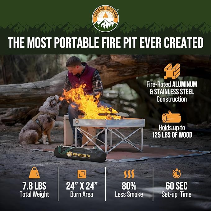 Fireside Outdoor Portable Fire Pit for Camping Fire Pit 24 Inch - Collapsible Pop Up Firepits for Outside, Portable Campfire Pits, Small Firepit for Outside, Weighs 7 lbs, Heat Shield NOT Included