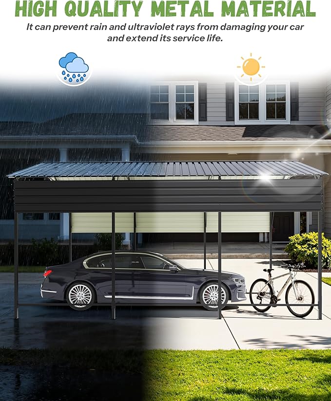 Greesum 10x15FT Metal Carport with Heavy Duty Frame and Galvanized Steel Roof, Round Carports with Side Support Rods, Canopy Shelter for Car, Pickup Trucks, Boats and Tractors, Party, Gray