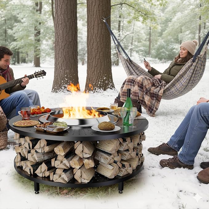 Fire Pit Surround Tabletop for Solo Stove Bonfire 1.0&2.0,Ranger 1.0&2.0, 41" Fire Pit Surround Tabletop with Wood Storage Shelf,Powder-Coated Steel Surround Tabletop with Extra Space and Raised Stand