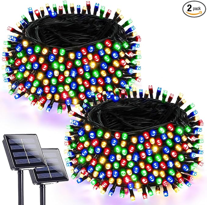 2 Pack Solar Christmas Lights Outdoor Waterproof, Super Bright 90FT 160 LED Solar String Lights, 8 Lighting Modes Green Wire Solar Twinkle Fairy Lights for Tree Xmas Garden(Multi-Colored)