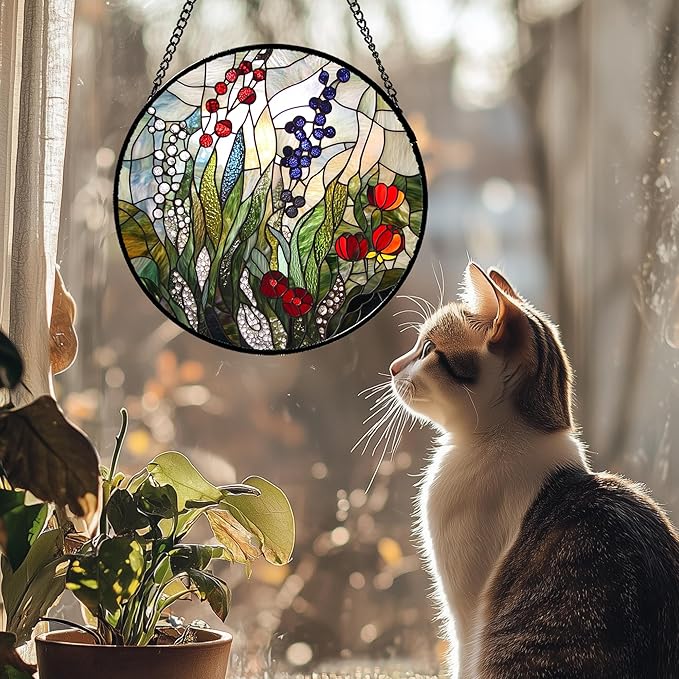QZQCBLC Stained Glass Window Hanging Red Purple Flowers Berry Green Plants Large 15" - Suncatcher Door Garden Sun Catcher Home Decor Birthday Christmas for Mom Men Woman Friend