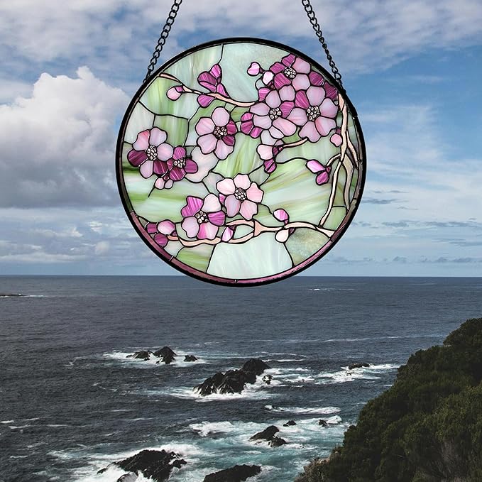 AMDERVEN Stained Glass Window Hanging 4 Pcs Set Tulips Plum Flower Daffodils Hyacinths Large 15" - Suncatcher Door Garden Sun Catcher Decor Birthday Mother's Day for Mom Woman Nana