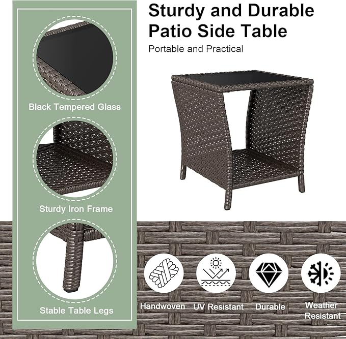 kinbor Outdoor Wicker Side Table - Set of 2 Tempered Glass Top Small Outdoor Table with Storage Shelf for Patio, Balcony & Porch, Durable PE Rattan & Iron Frame