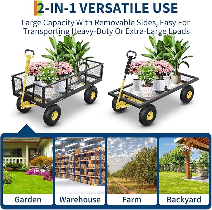 900 LBS Garden Cart on Wheels with Adjustable Handles, Heavy Duty Steel Garden Wagon with Removable Mesh Sides to Convert into Flatbed, Wagon Cart for Lawn Farm Yard, Black
