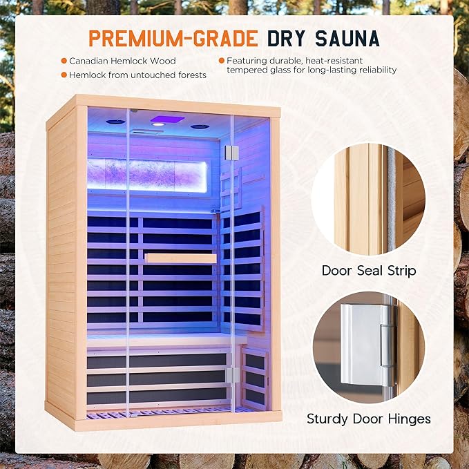 Albott Infrared Sauna 2 Person, Infrared Saunas for Home, Low EMF 1463W/110V Hemlock Wood Dry Sauna with Tourmaline Foot Warmer, 7-Color Light Therapy & Salt Crystal Bricks, 47.2"x34.2"x70.9"
