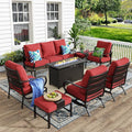 MFSTUDIO 8 Pieces Patio Furniture Sets with 45" Gas Fire Pit Table(Up to 9 Seat), Outdoor Metal Conversation Sofa with 1 x 3-Seat Sofa, 2 Single Chair, 2 Rocking Chair and 2 Ottoman, Burgundy Cushion