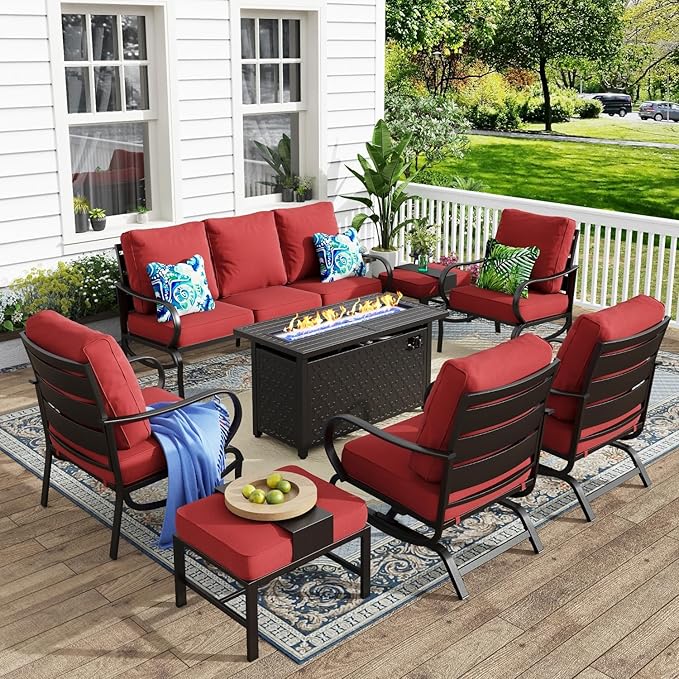 MFSTUDIO 8 Pieces Patio Furniture Sets with 45" Gas Fire Pit Table(Up to 9 Seat), Outdoor Metal Conversation Sofa with 1 x 3-Seat Sofa, 2 Single Chair, 2 Rocking Chair and 2 Ottoman, Burgundy Cushion