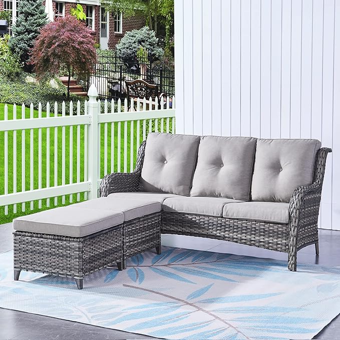 HUMMUH 3 Piece Patio Furniture Set All Weather Wicker Outdoor Sectional Sofa Manual Weaving Rattan High Curved Back Patio Couch with Ottomans