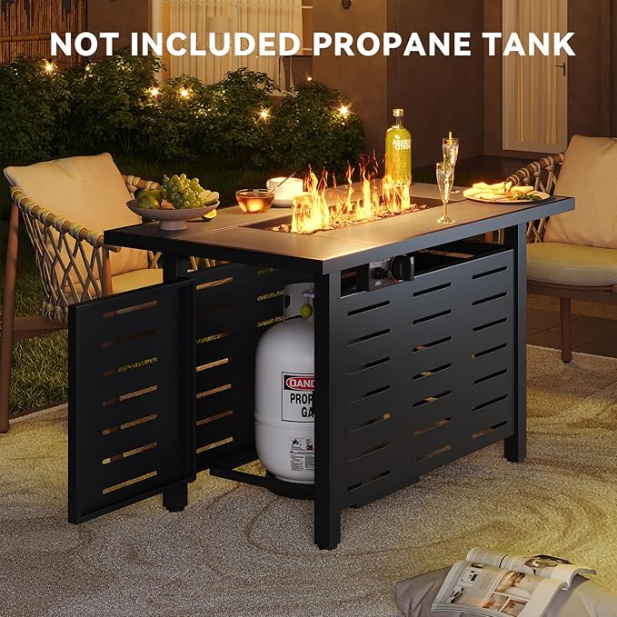 Aoxun 42" Propane Fire Pit Table Ceramic Top, 60000 BTU Outdoor Patio Heater with Lava Rocks, Rectangle Gas Fire Pits for Outside Patio with Removable Lid, Black
